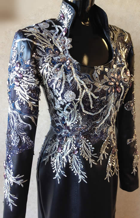 Black lambskin with red metallic leather outfit by Riding High USA