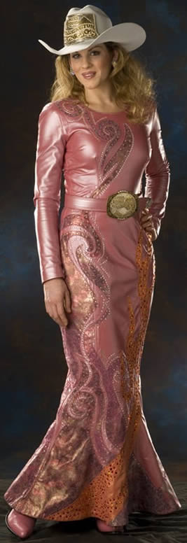 Jessica  West, Miss Rodeo Washington 2006 wears a rose pearlized lambskin dress