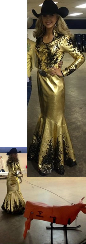 Brighlon Jones in a shiny gold metallic leather dress
