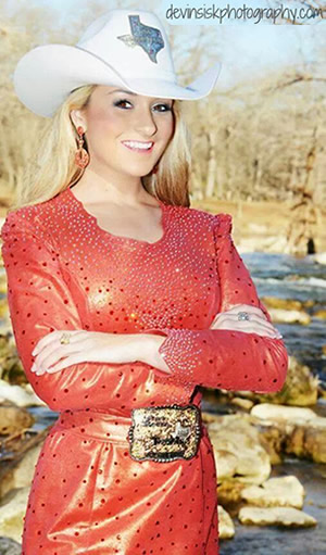 Stephanie Revels, Miss Rodeo Texas in red leather dress