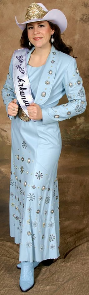 Stephanie Kaeppel, miss Rodeo Arizona wearing a light blue lambskin dress