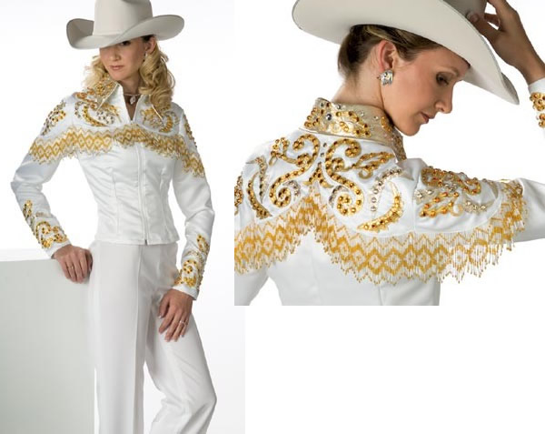 white shirt trimmed with gold metallic and champagne metallic leather
