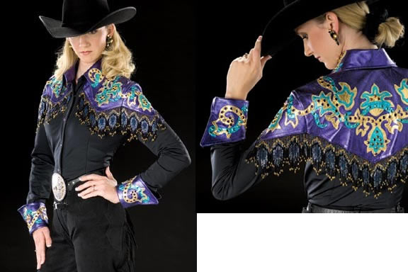 Horsemanship shirt has a yoke, collar and cuffs made of purple, teal, and gold metallic leather